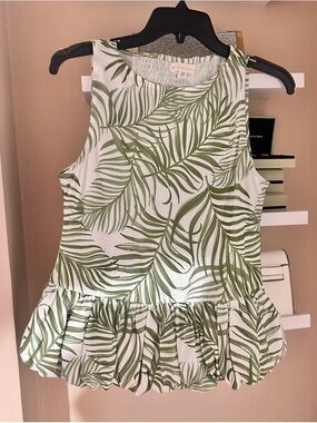 Sleeveless Peplum Top with Green Palm Print